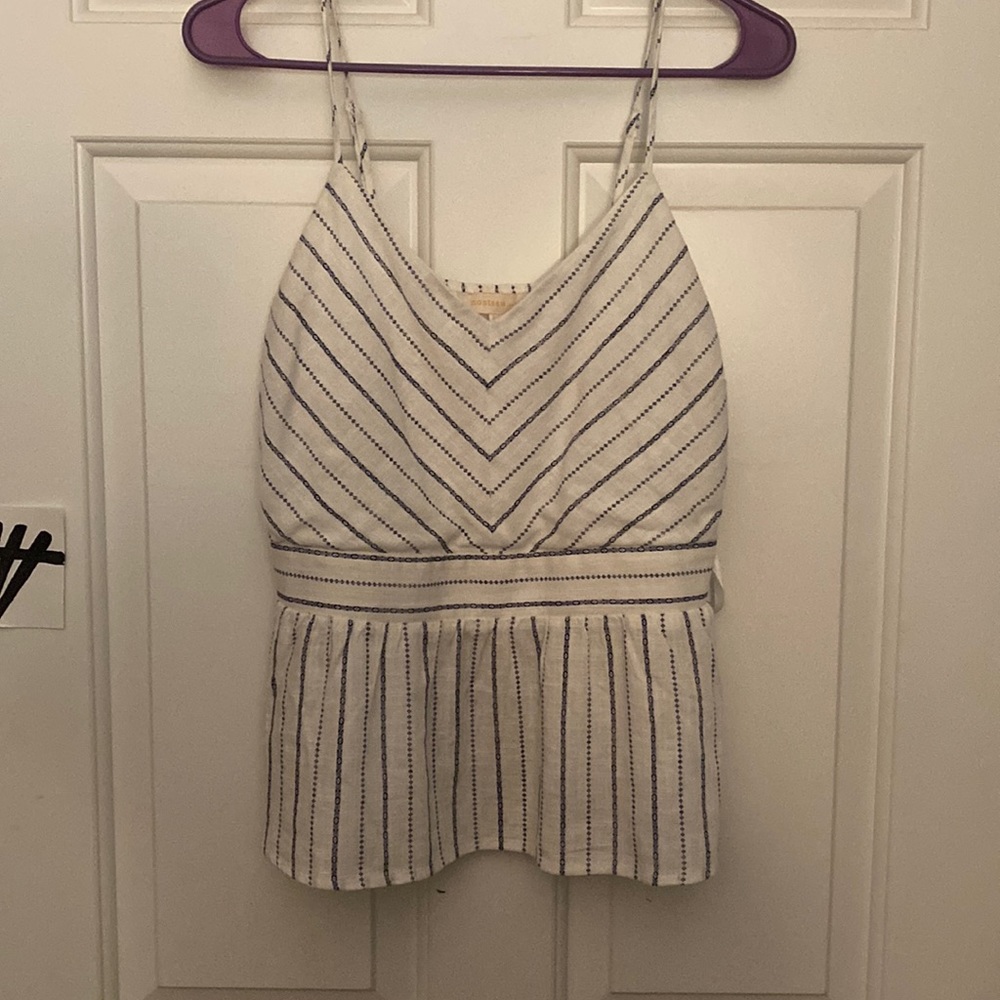 Barley worn white linen flowy top with blue stripe patterns